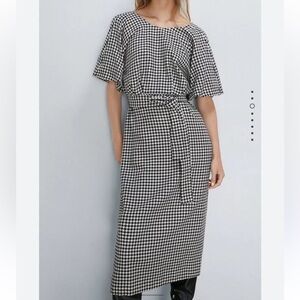 Zara houndstooth puff sleeve belted midi dress